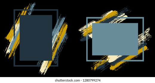 Elegant frames with paint brush strokes vector collection. Box borders with painted brushstrokes on black. Advertising graphics design empty frame templates for banners, flyers, posters, cards.