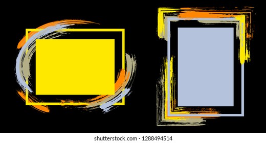 Elegant frames with paint brush strokes vector set. Box borders with painted brushstrokes on black. Educational graphics design empty frame templates for banners, flyers, posters, cards.