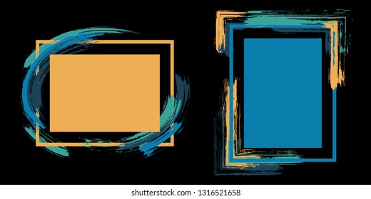 Elegant frames with paint brush strokes vector set. Box borders with painted brushstrokes on black. Advertising graphics design empty frame templates for banners, flyers, posters, cards.