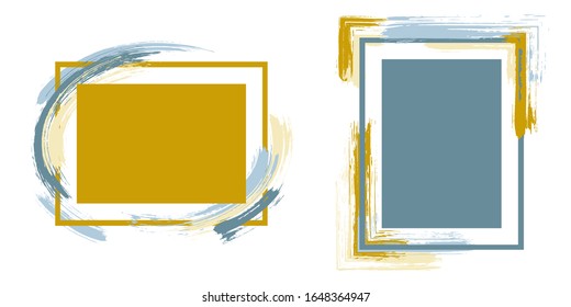 Marcos elegantes con trazos de pincel pintado conjunto vectorial. Bordes de caja con fondos pintados de pinceles. Gráficos publicitarios diseñan plantillas planas para banners, volantes, carteles, tarjetas.