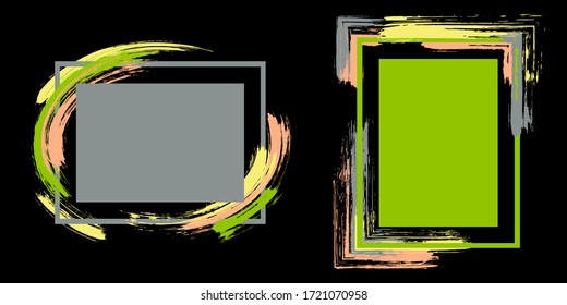 Elegant frames with paint brush strokes vector set. Box borders with painted brushstrokes on black. Educational graphics design empty frame templates for banners, flyers, posters, cards.