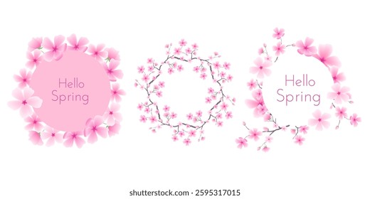 Elegant frames with sakura flowers. Botanical wreath designed for use on greeting cards, banners, wedding themes. Editable vector illustration on white background