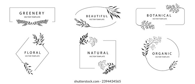 Elegant frames with silhouettes of branch and leaves for logo for wedding design, invitation design, for print, cover or wallpaper.