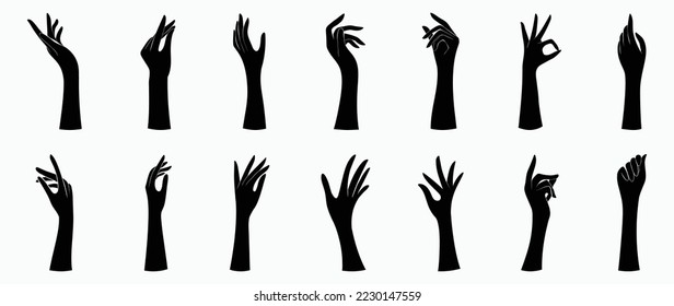 Elegant free hand gesture silhouette vector set. Black hand vector illustration design in different posture isolated on white background for logo, decoration, advertise, skin care, business, brochure.