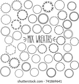 Elegant freehand clear decorative round wreaths border black outline, Blank simple line circle classic label sticker, Wavy, flower, dots, arrow, bow, sun and zig zag shape