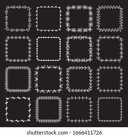 Elegant freehand clear decorative square wreaths border white outline, Blank simple line circle classic label sticker, Wavy, flower, dots, arrow, bow, sun and zig zag shape