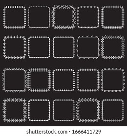 Elegant freehand clear decorative square wreaths border white outline, Blank simple line circle classic label sticker, Wavy, flower, dots, arrow, bow, sun and zig zag shape