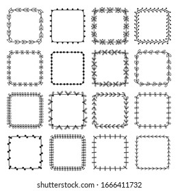 Elegant freehand clear decorative square wreaths border black outline, Blank simple line circle classic label sticker, Wavy, flower, dots, arrow, bow, sun and zig zag shape
