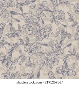 Elegant freesia hand drawn seamless vector pattern in grey and dark blue. Great for retro  wallpaper, backgrounds, home decor and autumn fashion fabrics.