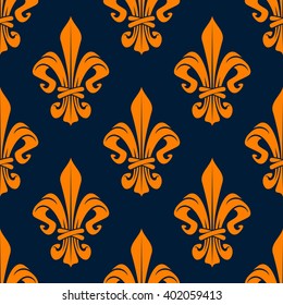 Elegant french fleur-de-lis seamless pattern with orange foliage compositions of tied leaf scrolls on dark blue background. Heraldry and monarchy, history or interior themes