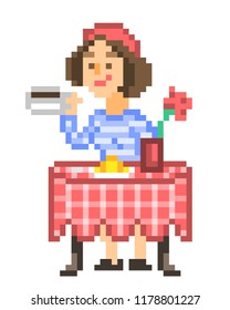 Elegant french girl in red beret sitting at a restaurant table drinking coffee and eating croissant, pixel art female character. Morning breakfast in a cafe. Woman taking a lunch break.