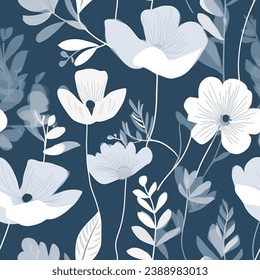 Elegant French Grey and Blue Flower Abstract Watercolor Line Art Scandinavian Design Seamless Pattern Wallpaper Fabric Curtain Bedding Background
