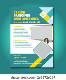 Elegant and fully editable flyer template for home senior care services. Ideal for promoting in-home assistance, elderly support, healthcare solutions, and compassionate caregiving providers.