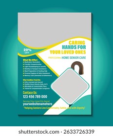 Elegant and fully editable flyer template for home senior care services. Ideal for promoting in-home assistance, elderly support, healthcare solutions, and compassionate caregiving providers.