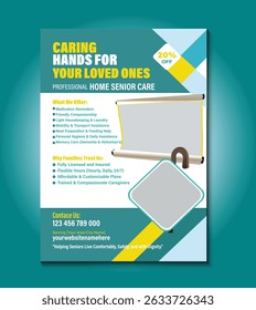 Elegant and fully editable flyer template for home senior care services. Ideal for promoting in-home assistance, elderly support, healthcare solutions, and compassionate caregiving providers.