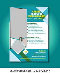 Elegant and fully editable flyer template for home senior care services. Ideal for promoting in-home assistance, elderly support, healthcare solutions, and compassionate caregiving providers.