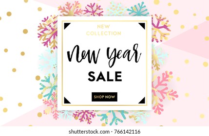 Elegant and fun Winter background design with hand drawn lettering and shiny and bright snowflakes in frame on geometric background. Fashion sale or new collection banner. Trendy vector illustration