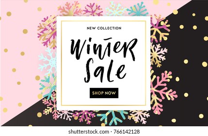 Elegant and fun Winter background design with hand drawn lettering and shiny and bright snowflakes in frame on geometric background. Fashion sale or new collection banner. Trendy vector illustration