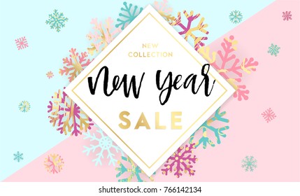 Elegant and fun Winter background design with hand drawn lettering and shiny and bright snowflakes in frame on geometric background. Fashion sale or new collection banner. Trendy vector illustration