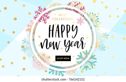 Elegant and fun Winter background design with hand drawn lettering and shiny and bright snowflakes in frame on geometric background. Fashion sale or new collection banner. Trendy vector illustration