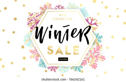 Elegant and fun Winter background design with hand drawn lettering and shiny and bright snowflakes in frame on geometric background. Fashion sale or new collection banner. Trendy vector illustration