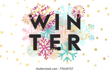 Elegant and fun Winter background design with hand drawn lettering and shiny and bright snowflakes in frame on geometric background. Fashion sale or new collection banner. Trendy vector illustration