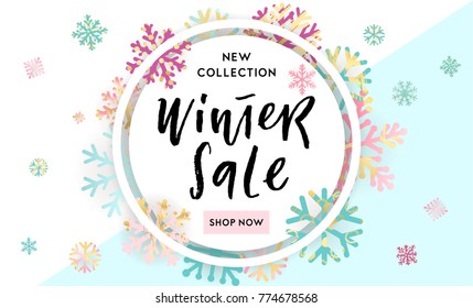 Elegant and fun Winter background design with hand drawn lettering and shiny and bright snowflakes in frame on geometric background. Fashion sale or new collection banner. Trendy vector illustration