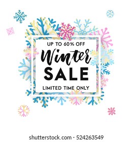 Elegant and fun winter lettering design with shiny and bright snowflakes in frame on white background. Vector illustration EPS 10