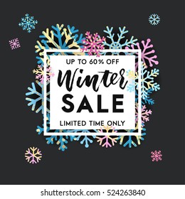 Elegant and fun winter lettering design with shiny and bright snowflakes in frame on black background. Vector illustration EPS 10