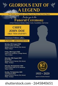 Elegant Funeral Program Flyer Template. Obituary Layout for Memorial Service and Burial Arrangements.