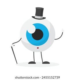 Elegant funny eyeball character standing with gentlemans bowler hat and cane vector illustration