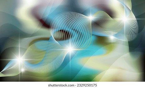 Elegant futuristic background. Flashes of light, intertwining wavy lines against a backdrop of overlapping translucent abstract shapes and mixing colors. Vector.