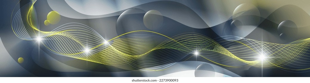 Elegant futuristic banner. Flashes of light, intertwining wavy lines against a backdrop of overlapping abstract shapes and mixing colors. Vector.
