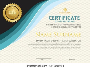 Elegant and futuristic modern certificate template with flow lines ornament on pattern background.