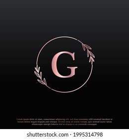 Elegant G Letter Circle Floral Logo with Creative Elegant Leaf Monogram Branch Line and Pink Black Color. Usable for Business, Fashion, Cosmetics, Spa, Science, Medical and Nature Logos.