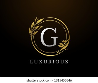 Elegant G Letter Floral Design. Circle Luxury G Gold Logo Icon.