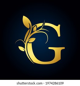 Elegant G Luxury Logo. Golden Floral Alphabet Logo with Flowers Leaves. Perfect for Fashion, Jewelry, Beauty Salon, Cosmetics, Spa, Boutique, Wedding, Letter Stamp, Hotel and Restaurant Logo.