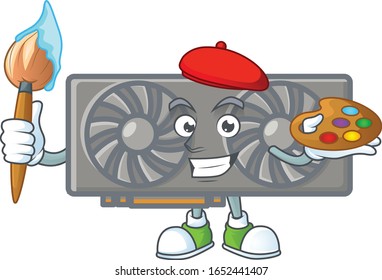 An elegant gaming VGA card painter mascot icon with brush