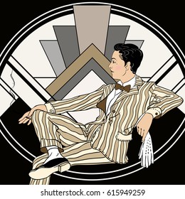 Elegant gantleman on geometric art deco background. Retro party invitation design. 1920s. Vector illustration
