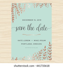 Elegant garden leafs in copper color design for save the date card, wedding invitation template. Vector illustration.