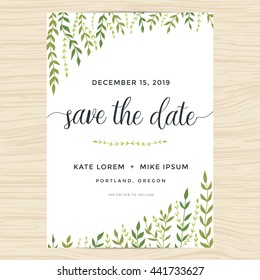 Elegant Garden Leafs Design For Save The Date Card, Wedding Invitation Template. Vector Illustration.