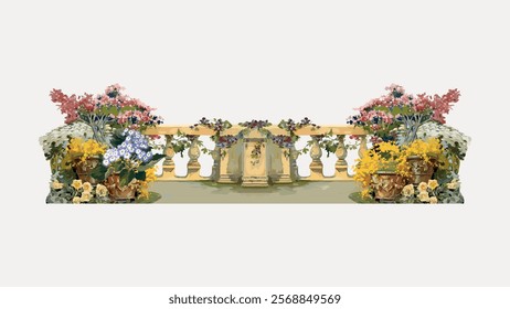 Elegant garden scene with vibrant flowers, lush greenery, and classic balustrade. Flowers and greenery create serene garden atmosphere. Classic garden design. Vintage art drawing illustration vector.