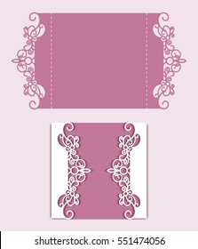 Elegant gate fold card with cutout paper pattern, suitable for laser cutting, wedding announcement or invitation template, vector eps10