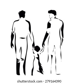 Elegant gay couple with their child. Drawing in black line