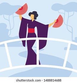 Elegant Geisha in Kimono Flat Vector Illustration. Graceful Female Dancer Cartoon Character. Young Woman Performing Traditional Japanese Dance with Fans. Japan Culture, Oriental Entertainment