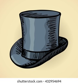 Elegant gent aged beaver dark chimney pot stove pipe kettle cap isolated on white background. Freehand hand drawn doodle symbol sketch. Closeup view with space for text
