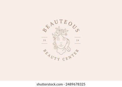 Elegant gentle floral woman face continuous line circle logo design template vector illustration. Botanical feminine blossom flower female portrait outline logotype cosmetology skin care beauty brand