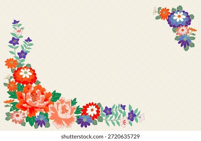 Ein elegantes und sanftes Rahmenmaterial mit bunten japanischen Blumen auf japanischem Hintergrund mit einem Shippo-Muster.
