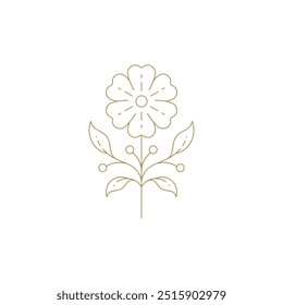 Elegante suave flor natural flor linha dourada ícone da arte ilustração vetorial. Planta floral bonita da erva com tronco e folha log de luxo para beleza salão de spa bem-estar relaxar cosmética cosmetologia