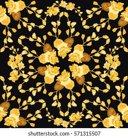 Elegant gentle pattern in small-scale flower buds. Millefleurs. Arabesque style. Golden colors. Floral seamless background for textile or book covers, wallpapers, print, gift wrap and scrapbooking.